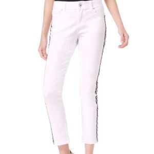 White Mid Rise Denim Black Side Stripes Cropped Ankle Jeans NEW